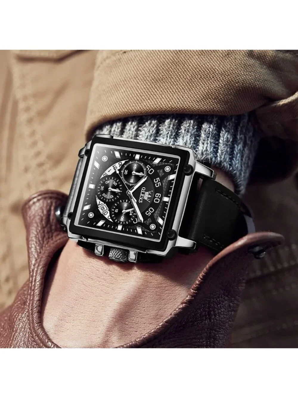 Men's Silver Black Quartz Leather Strap Waterproof Trendy Square Dial Wristwatch